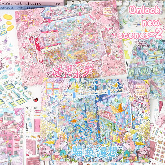 3D DIY Scene Sticker Kit -Spring Jellyfish&Batfish Manxiang(1 Free Twzzer)