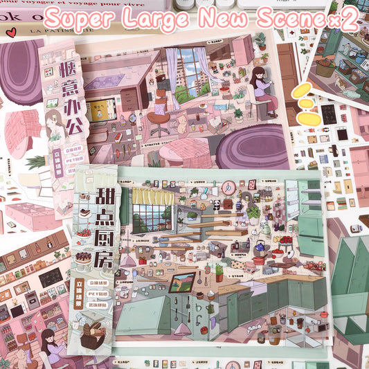 3D DIY Scene Sticker Kit -Pleasant Office&Dessert Kitchen(1 Free Tweezer)