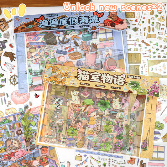 3D DIY Scene Sticker Kit -Vacation beach&Cat Room Story(1 Free Tweezer)