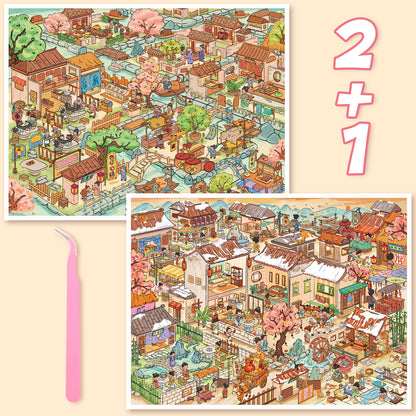 3D DIY Scene Sticker Kit -Spring Wind He Village&Winter Windhe Village(1 Free Tweezer)