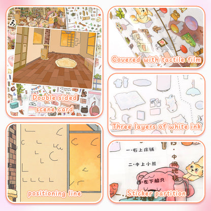 3D DIY Scene Sticker Kit -Vacation beach&Cat Room Story(1 Free Tweezer)