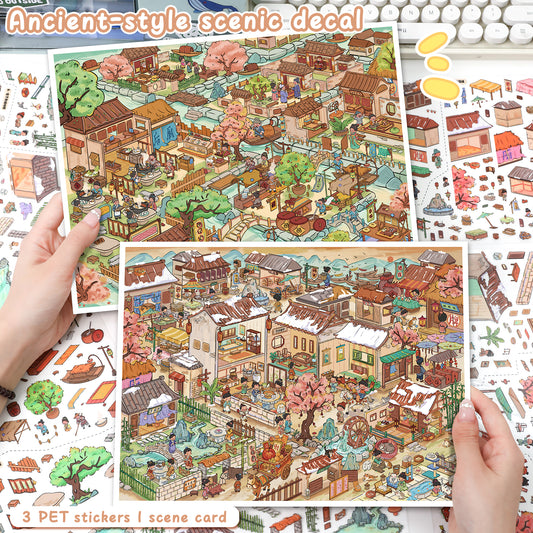 3D DIY Scene Sticker Kit -Spring Wind He Village&Winter Windhe Village(1 Free Tweezer)