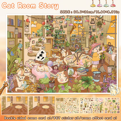 3D DIY Scene Sticker Kit -Vacation beach&Cat Room Story(1 Free Tweezer)