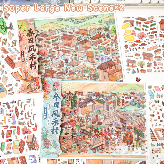 3D DIY Scene Sticker Kit -Spring Wind He Village&Winter Windhe Village(1 Free Tweezer)