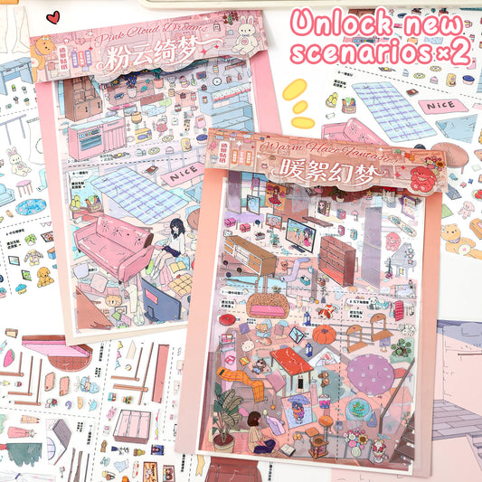 3D DIY Scene Sticker Kit -Pink Cloud Fantasy&Warm Fluffy Dream(1 Free Tweezer)