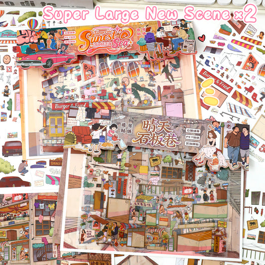 3D DIY Scene Sticker Kit -Sunset Orange Sea&Stone Slab Lane(1 Free Tweezer)