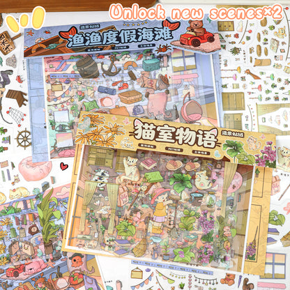 3D DIY Scene Sticker Kit -Vacation beach&Cat Room Story(1 Free Tweezer)