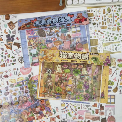3D DIY Scene Sticker Kit -Vacation beach&Cat Room Story(1 Free Tweezer)