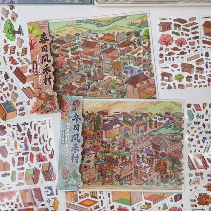 3D DIY Scene Sticker Kit -Spring Wind He Village&Winter Windhe Village(1 Free Tweezer)